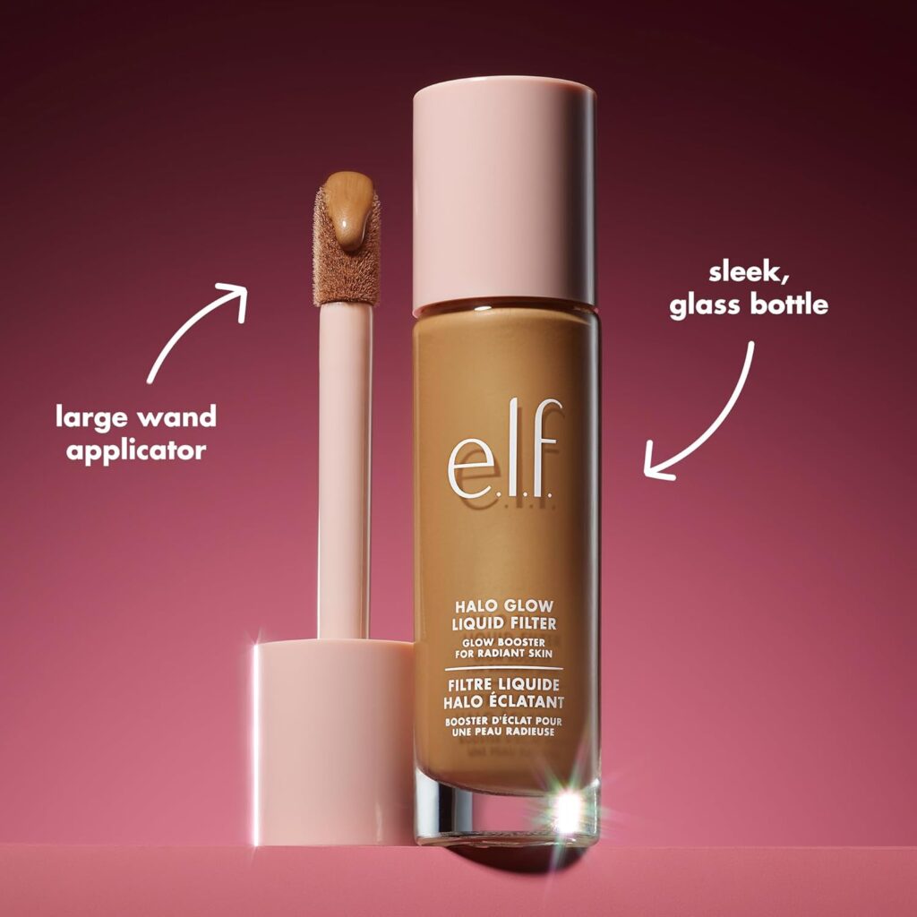 e.l.f. Halo Glow Liquid Filter bottle with radiant glow on skin