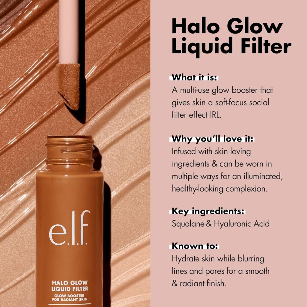 e.l.f. Halo Glow Liquid Filter bottle with radiant glow on skin